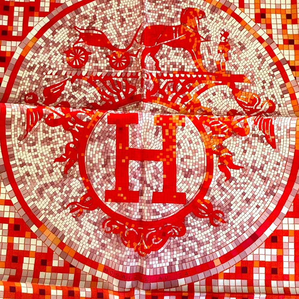 Authentic HERMES 90cm silk scarf. Rare original Mosaique AU 24 design.